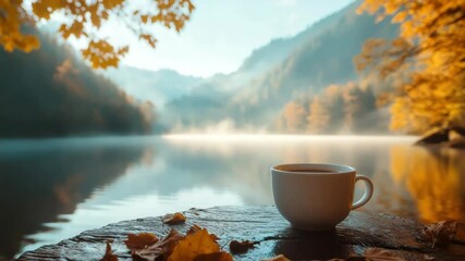 White cup beverage on wooden surface with autumn leaves by calm lake and misty mountain fall scenery creating peaceful cozy atmosphere surrounded by colorful fall leaves and serene mist - Powered by Adobe