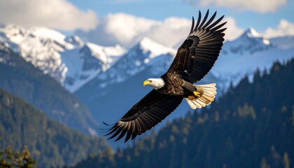 Bald Eagle Soaring Above Mountains 