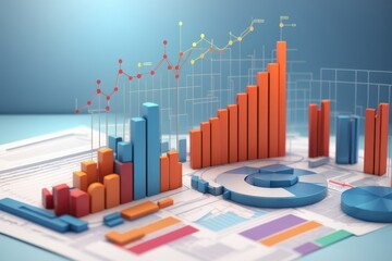Charts and graphs bar line and pie Orange blue red and yellow Plotted on a graph paper