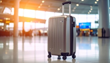 Modern Suitcase at Airport with Blurred Background
