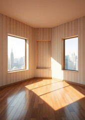 Obraz premium Sunlit empty room with wooden floor and large windows overlooking cityscape Empty room interior design architecture blank design room striking structures clean lines geometric shapes dramatic 
