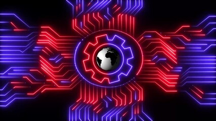 World globe map spinning in lines on a black background. Rotating earth. Normal sphere view. optimization operation, fix strategy industry, Cog Gear Wheel on the technology abstract background. - Powered by Adobe