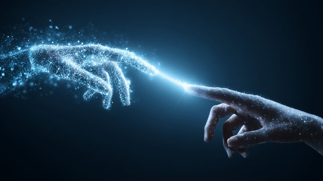 Artificial intelligence and human hand touching with digital data technology, concept on a blue background for future tech or business