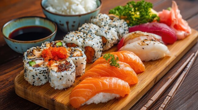 A wooden board displays an assortment of sushi, including maki rolls, nigiri, and sashimi, alongside rice, soy sauce, and pickled ginger