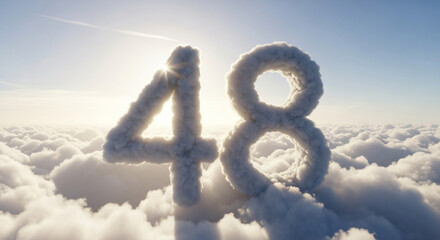 Cloud-formed number 48 floats above a sea of clouds under a bright, sunny sky.
