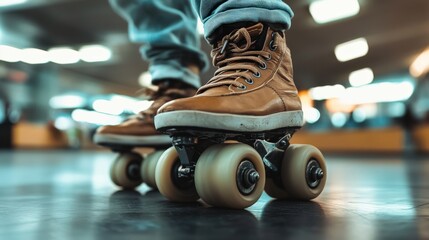 Close-up of roller skates on a dark floor.