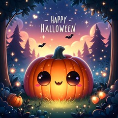 A digital illustration of a cute, chubby, and smiling jack-o'-lantern in the center of a magical forest. The pumpkin's cheerful light casts a playful black shadow that spells out "Happy Halloween"