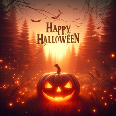 A digital illustration of Halloween background. Add pumpkin Halloween in centered. The background is glowing with orange twilight dusk in forest.
