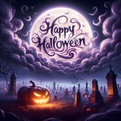 A digital painting of a spooky graveyard, bathed in the purple light of dusk. Glowing pumpkin is nestled amongst the crooked tombstones. Wispy clouds drift across the giant, white full moon.