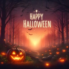 A digital illustration of Halloween background. Add pumpkin Halloween in centered. The background is glowing with orange twilight dusk in forest.
