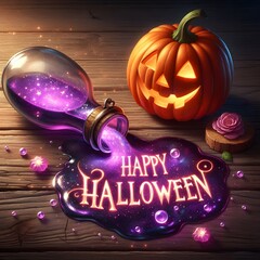 An illustration of a friendly jack-o'-lantern sitting on a rustic wooden table next to a tipped-over potion bottle. A thick, glowing, purple magical liquid spell the words "Happy Halloween"