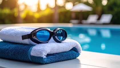 Swimming Goggles and Towel by Poolside 