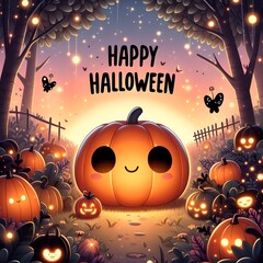 A digital illustration of a cute, chubby, and smiling jack-o'-lantern in the center of a magical forest. The pumpkin's cheerful light casts a playful black shadow that spells out "Happy Halloween"