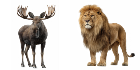 A moose with large antlers standing beside a lion with a full mane on a black background