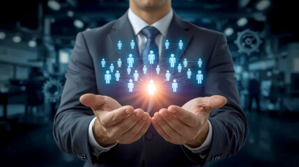 Network of consumers in the hands, businessman in a dark suit presents with open, cupped hands a glowing, ethereal network of interconnected human figures, representing a strong team or organization.