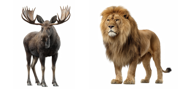 A moose with large antlers standing beside a lion with a full mane on a black background