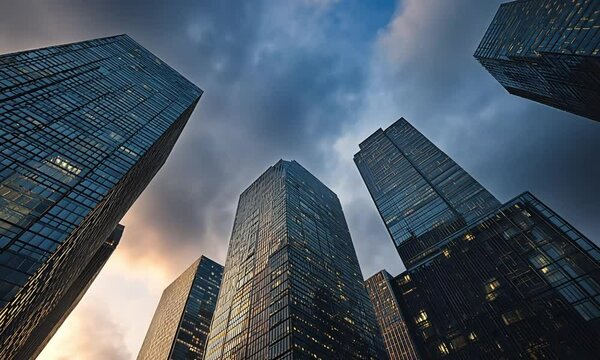 Modern Skyscrapers Looking Up at Dramatic Twilight Sky