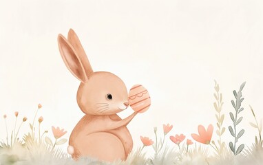 Obraz premium Cute brown rabbit holding an Easter egg. Spring animal illustration. Graphic resource for greeting card, holiday invitation.