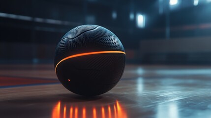 Futuristic black ball resting on a hardwood floor.