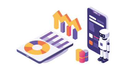 Isometric illustration of a robot standing next to a phone and data charts and graphs display