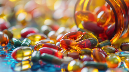 Colorful Vitamins and Supplements Spilled from a Glass Bottle