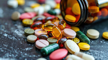 Colorful Vitamins and Supplements Spilled from a Glass Bottle
