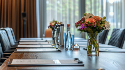 Conference Room Table Setup with Flowers and Documents