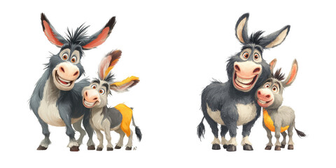 Fototapeta premium Two cartoon donkey pairs standing together smiling with a black background illustration
