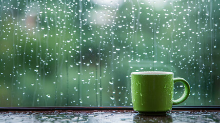 Rainy Day Window View with Green Mug