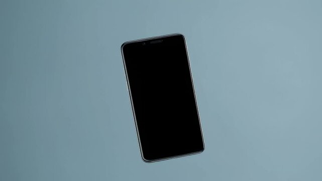 Elegant smartphone with blank screen slowly rotating, showcasing its sleek design and modern features against a minimalist light blue backdrop, isolated on white