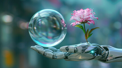 Robotic Hand Holding Holographic Flower in Glass Sphere