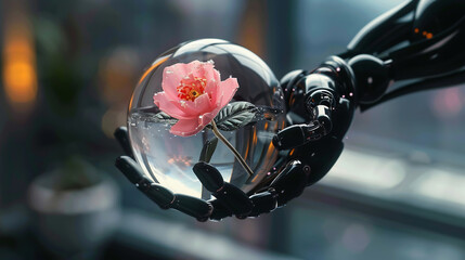 Robotic Hand Holding Holographic Flower in Glass Sphere