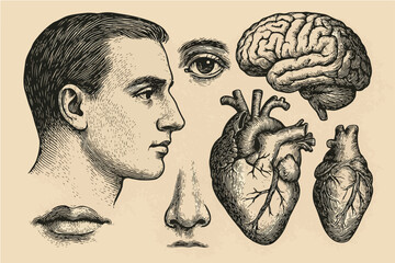 Human face and organs. Human head organ set like eye, nose and mouth and vintage illustration of brain and engraving heart