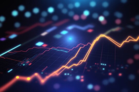 Fluorescent financial graph with orange and red data lines against a bokehlit backdrop