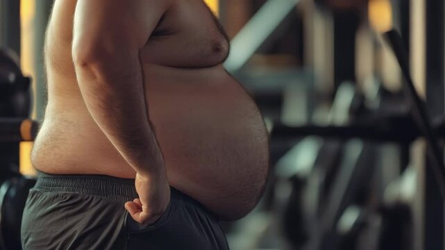 Overweight man shirtless with large belly and body fat standing in gym casual fitness environment highlighting health lifestyle and gym workout background