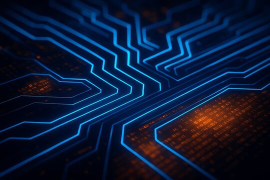Abstract glowing blue circuit board lines on a dark background with orange data patterns