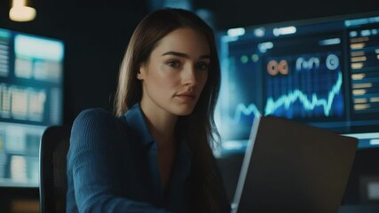 Young professional woman using laptop in modern office environment with digital technology, financial data analysis, stock market charts on screen, focused on business finance and investment trends - Powered by Adobe