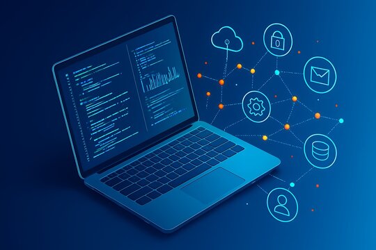 Modern laptop displaying code and network connections with cloud security and data icons - Powered by Adobe