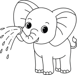 Naklejka premium Cute cartoon baby elephant spraying water from its trunk in a playful manner black and white line art