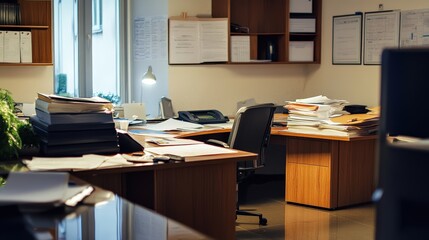 A cluttered office space with piles of documents.