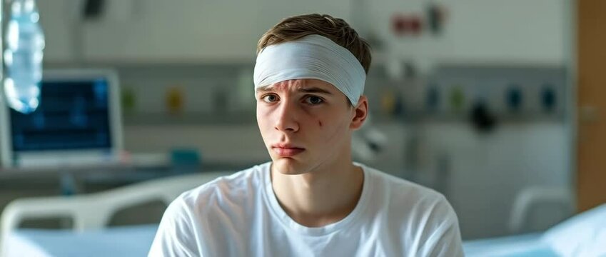Young man with head bandage and facial injury sitting in hospital room looking worried and tired as bandaged patient in medical healthcare environment showing concern and thoughtfulness