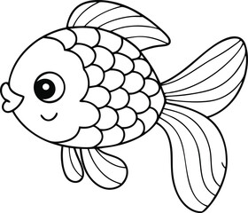 Fototapeta premium A simple and cheerful black and white line drawing of a cute cartoon goldfish swimming happily