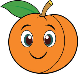 Fototapeta premium A cheerful cartoon apricot with big blue eyes and a wide smile featuring a green leaf and stem