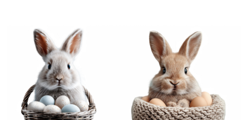 Two easter bunnies in baskets with eggs against a black background looking at the viewer