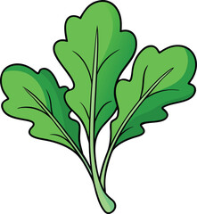 A stylized cartoon illustration of three vibrant green arugula leaves with black outlines and subtle shading on a white background