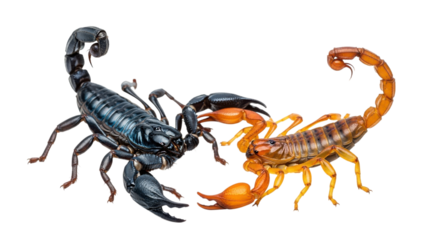 Black and orange scorpions facing each other isolated on a transparent background