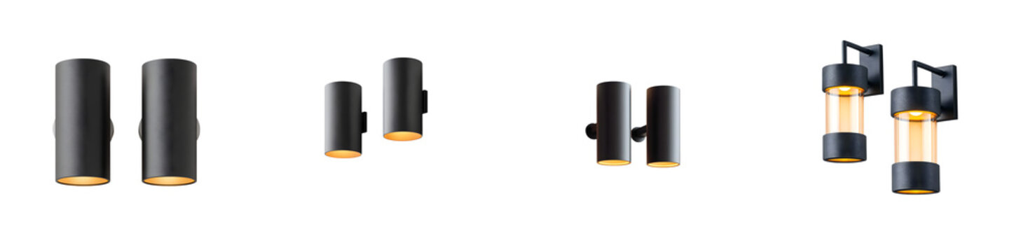 Collection of modern black cylindrical outdoor sconce lighting fixtures on a clean white background in a studio setting.