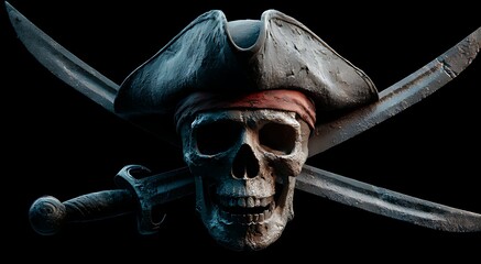 Fototapeta premium A Detailed Skull and Crossbones with Swords, Perfect for Pirate-Themed Projects, A highly detailed 3D rendering of a pirate skull wearing a weathered pirate hat, crossed swords.