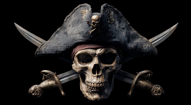 A Detailed Skull and Crossbones with Swords, Perfect for Pirate-Themed Projects, A highly detailed 3D rendering of a pirate skull wearing a weathered pirate hat, crossed swords.