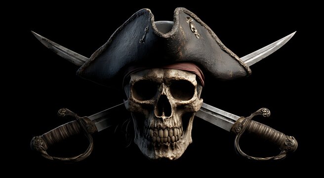 A Detailed Skull and Crossbones with Swords, Perfect for Pirate-Themed Projects, A highly detailed 3D rendering of a pirate skull wearing a weathered pirate hat, crossed swords.
